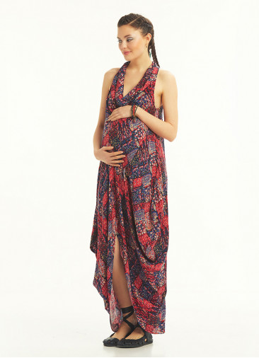 Bohemian Stylish Authentic Degaje Neck Red Patterned Maternity Dress